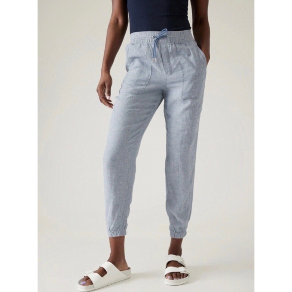 Athleta Cabo Linen Jogger Pants Blue Chambray Elastic Waist Zip Pocket Womens 8